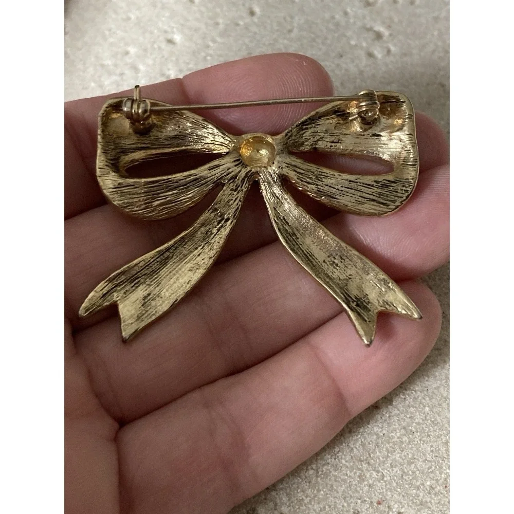 Vintage Black Enamel Rhinestone‎ Bow Brooch Gold Tone Crystal Ribbon Pin Runway